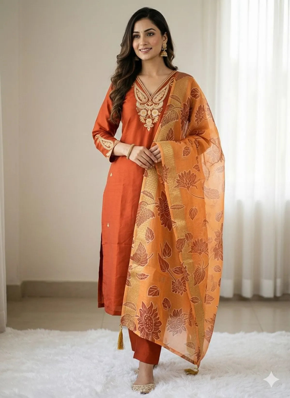 Rust Roman Silk Kurta Pant Set with Floral Chanderi Dupatta | Festive Embroidered Women's Suit Set