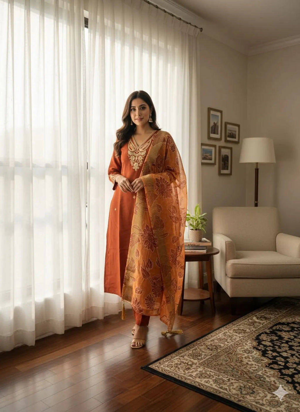Rust Roman Silk Kurta Pant Set with Floral Chanderi Dupatta | Festive Embroidered Women's Suit Set