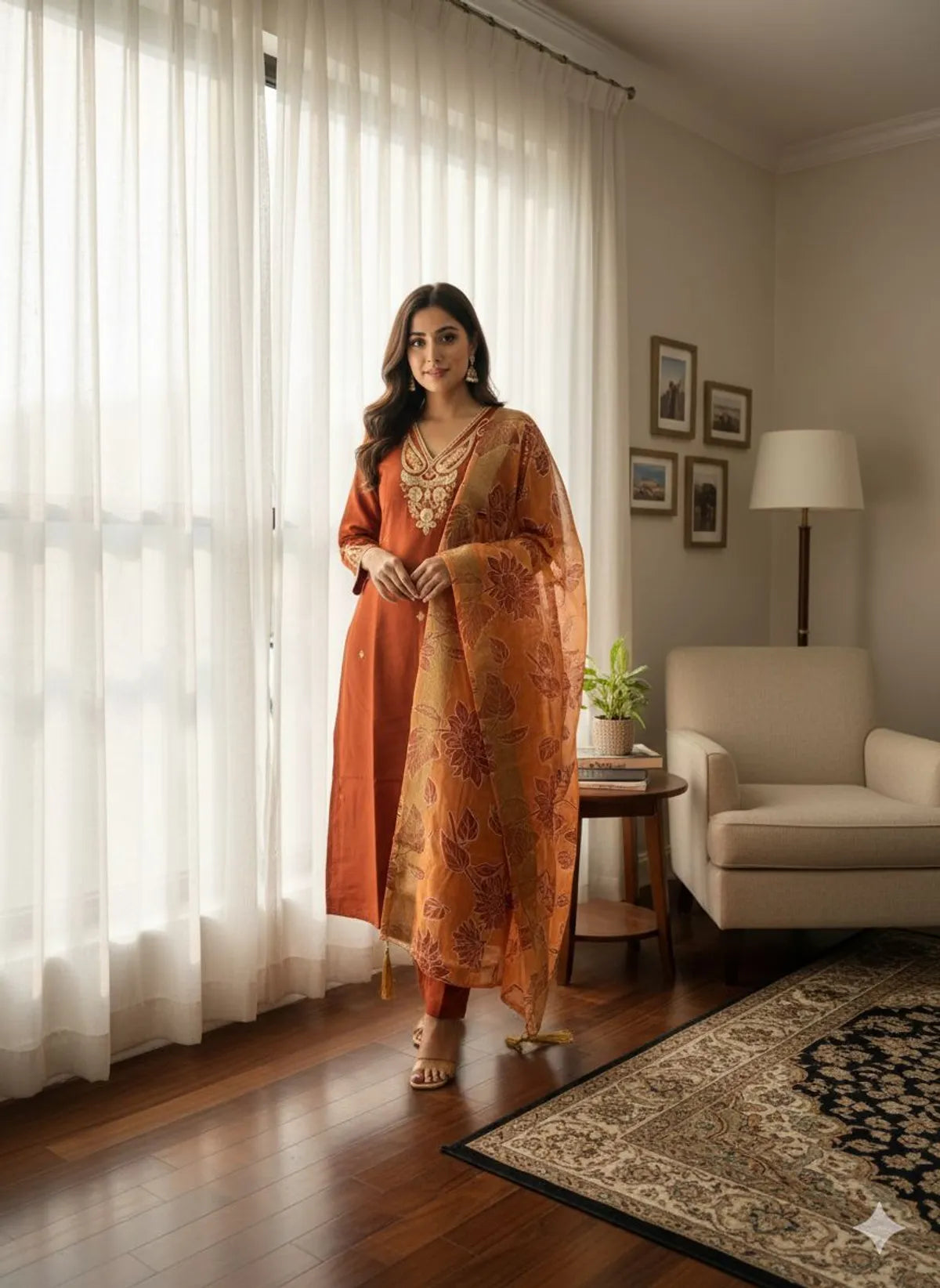 Rust Roman Silk Kurta Pant Set with Floral Chanderi Dupatta | Festive Embroidered Women's Suit Set