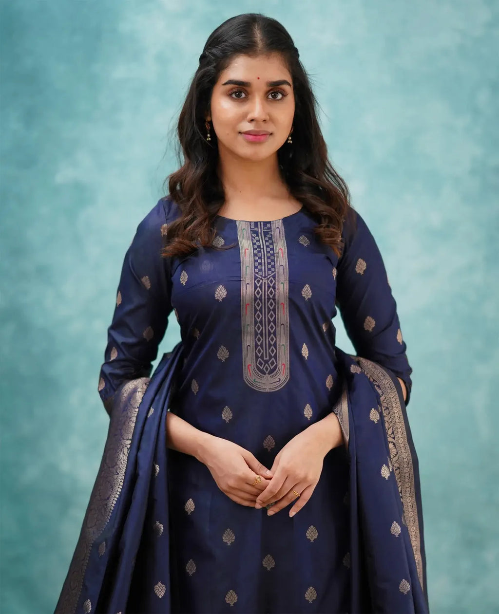 Shingar Royal Blue Woven Silk Kurta Pant Set with Woven Dupatta