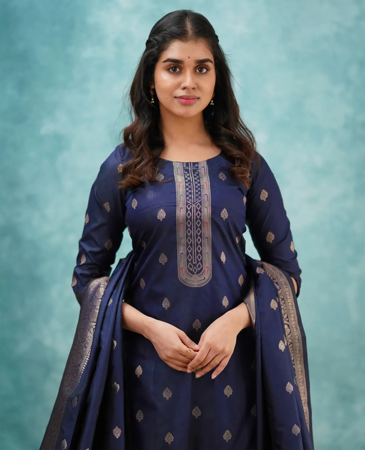Shingar Royal Blue Woven Silk Kurta Pant Set with Woven Dupatta