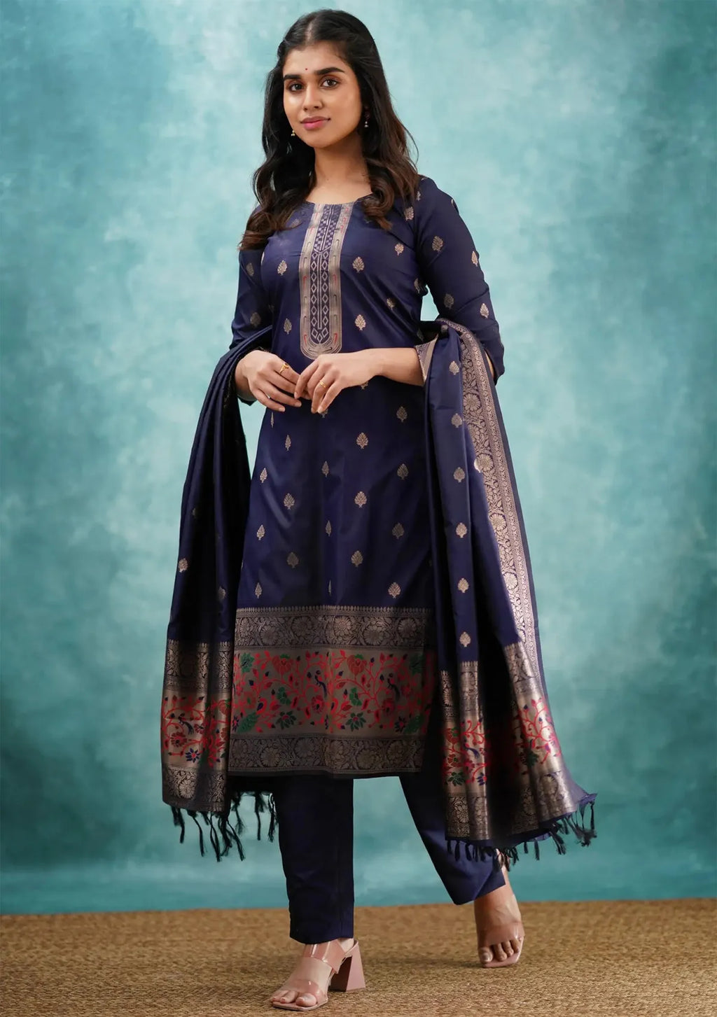 Shingar Royal Blue Woven Silk Kurta Pant Set with Woven Dupatta
