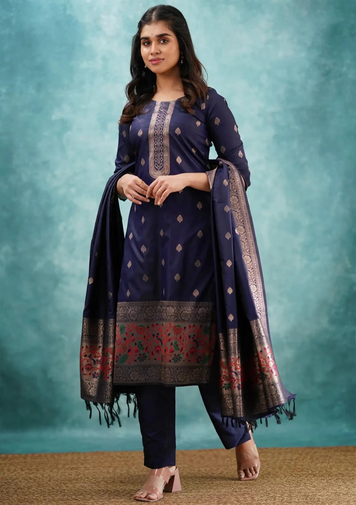 Shingar Royal Blue Woven Silk Kurta Pant Set with Woven Dupatta