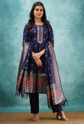 Shingar Royal Blue Woven Silk Kurta Pant Set with Woven Dupatta