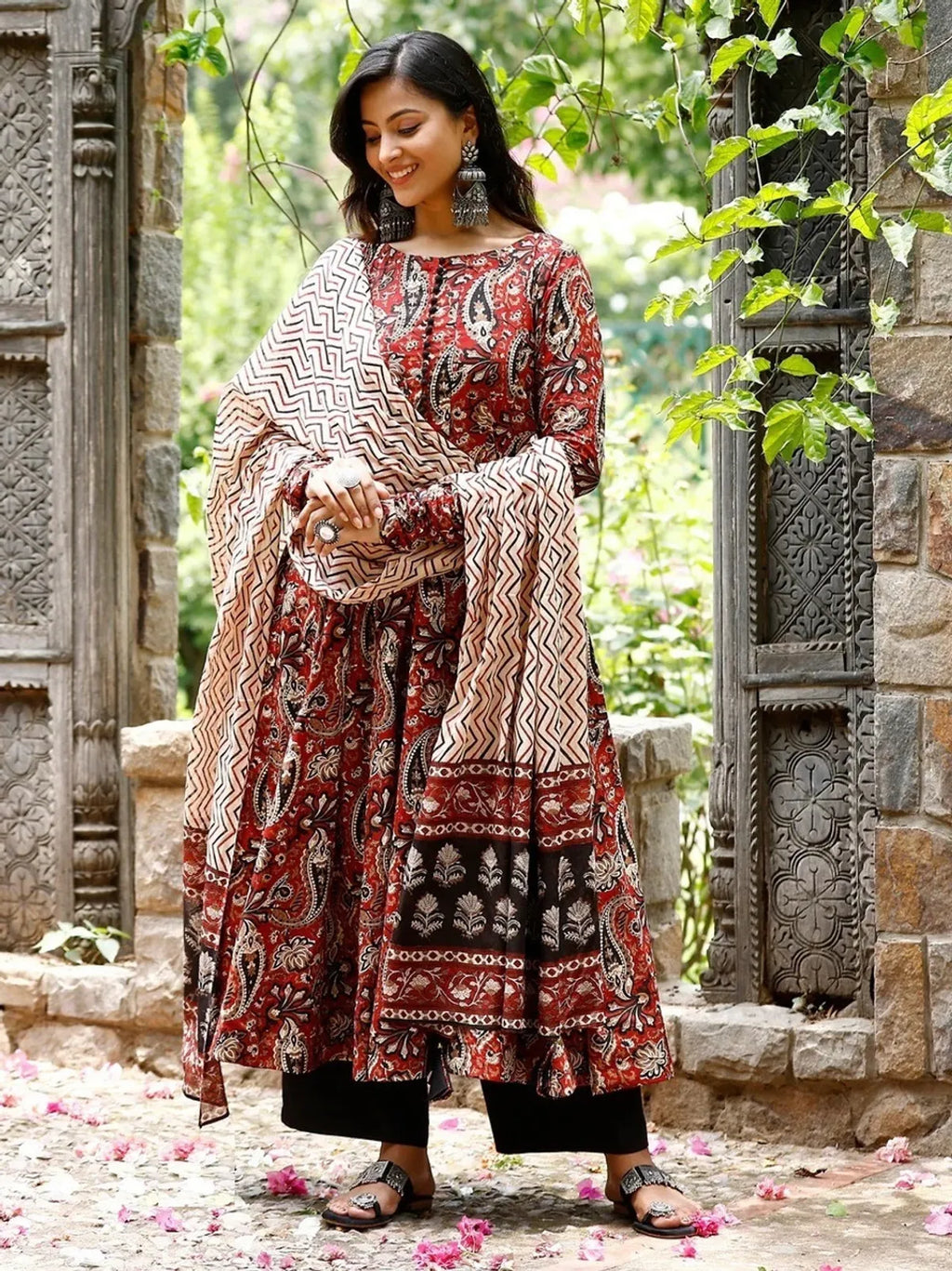 Stylish Maroon Rayon Printed Kurta Pant Set with Printed Dupatta