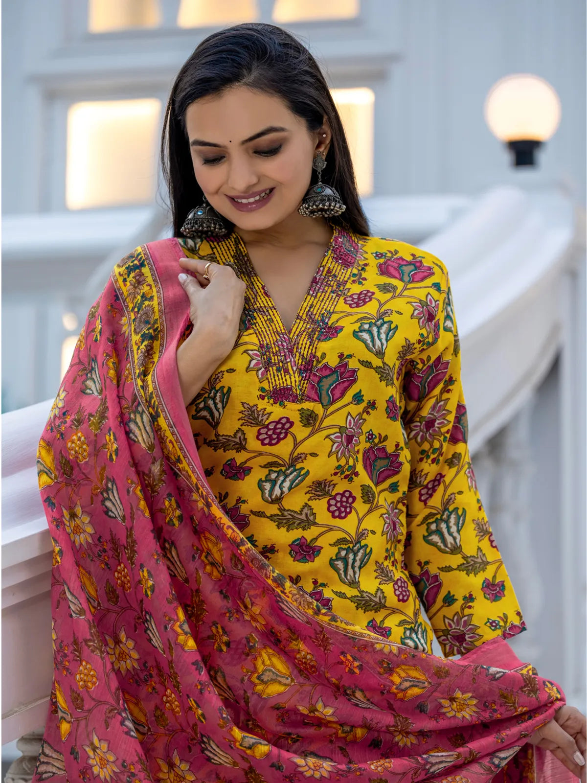 Women's Sunshine Yellow Rayon Printed Kurti Pant Dupatta Set | Floral Printed Ethnic Wear | 3 Piece Suit Set