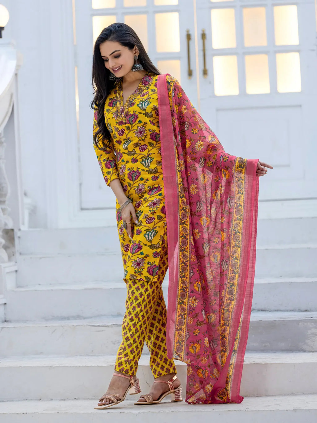 Women's Sunshine Yellow Rayon Printed Kurti Pant Dupatta Set | Floral Printed Ethnic Wear | 3 Piece Suit Set