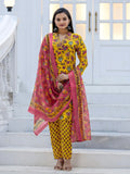 Women's Sunshine Yellow Rayon Printed Kurti Pant Dupatta Set | Floral Printed Ethnic Wear | 3 Piece Suit Set