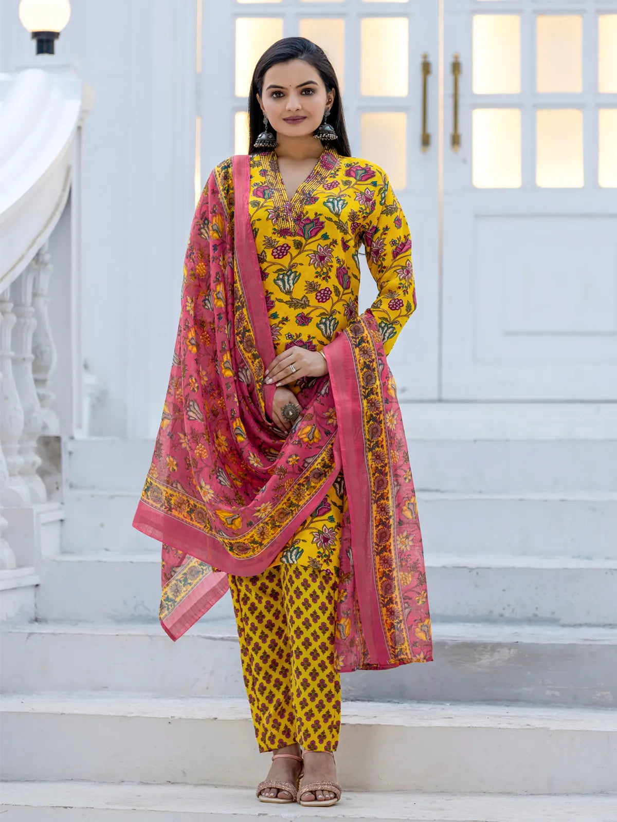 Women's Sunshine Yellow Rayon Printed Kurti Pant Dupatta Set | Floral Printed Ethnic Wear | 3 Piece Suit Set