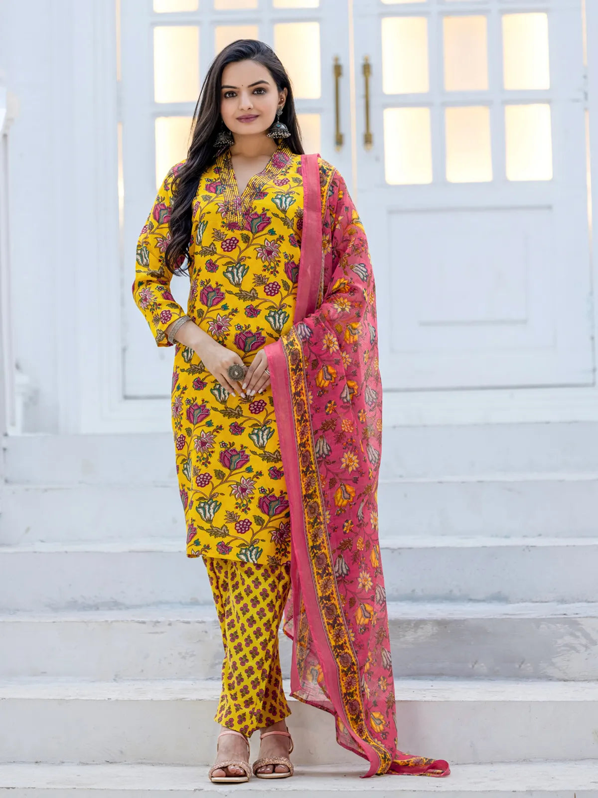 Women's Sunshine Yellow Rayon Printed Kurti Pant Dupatta Set | Floral Printed Ethnic Wear | 3 Piece Suit Set