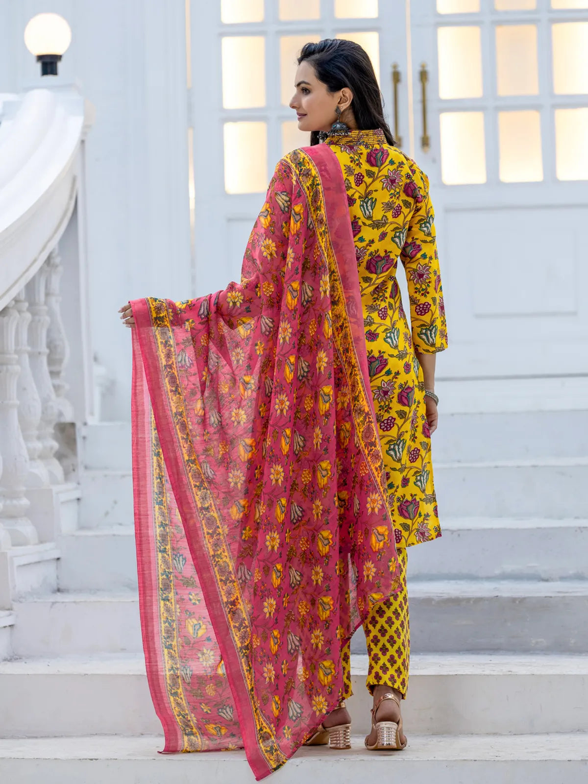 Women's Sunshine Yellow Rayon Printed Kurti Pant Dupatta Set | Floral Printed Ethnic Wear | 3 Piece Suit Set