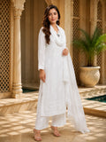 Premium White Maslin Embroidered Kurta Set with Palazzo & Dupatta