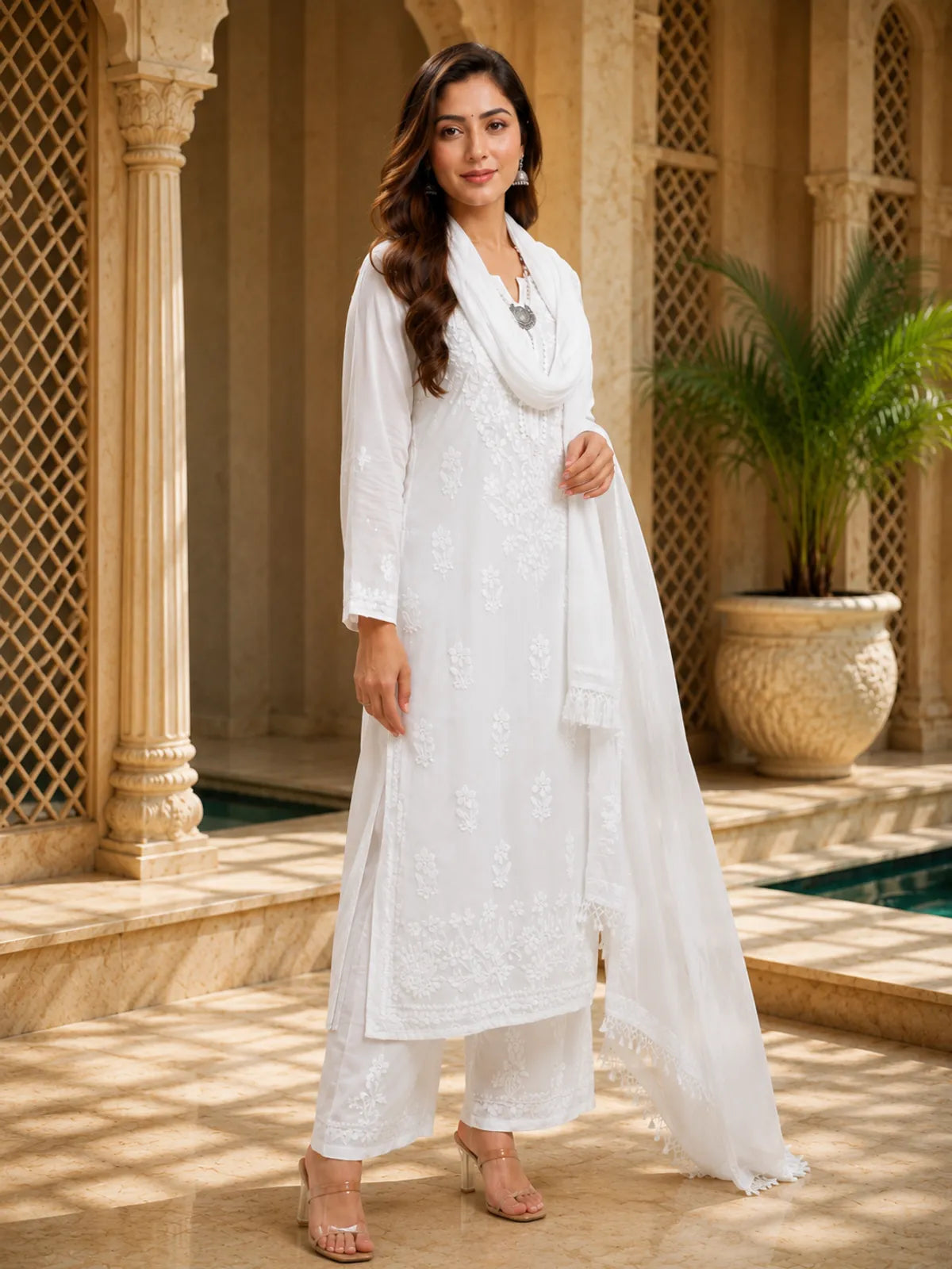Premium White Maslin Embroidered Kurta Set with Palazzo & Dupatta