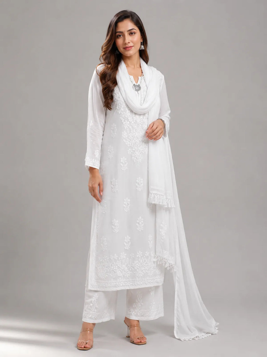 Premium White Maslin Embroidered Kurta Set with Palazzo & Dupatta