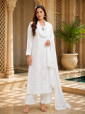 Premium White Maslin Embroidered Kurta Set with Palazzo & Dupatta
