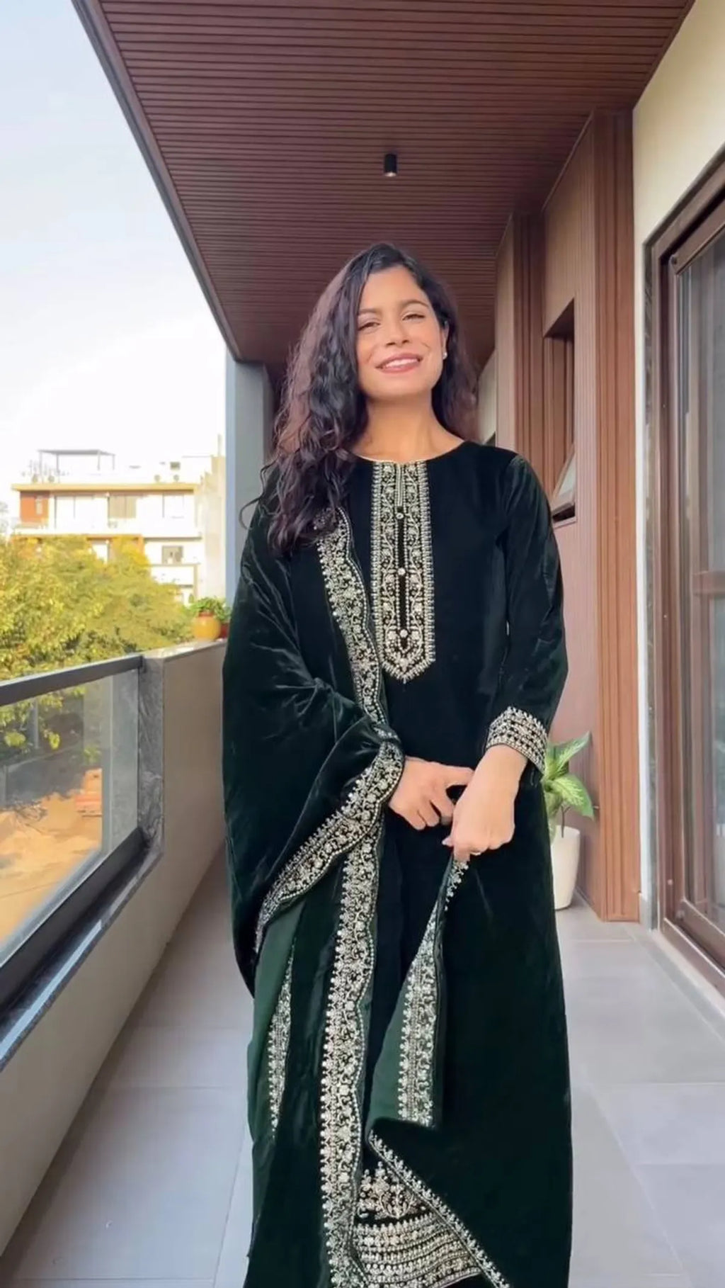 Emerald Green Velvet Embroidered Kurta Set with Dupatta for Women