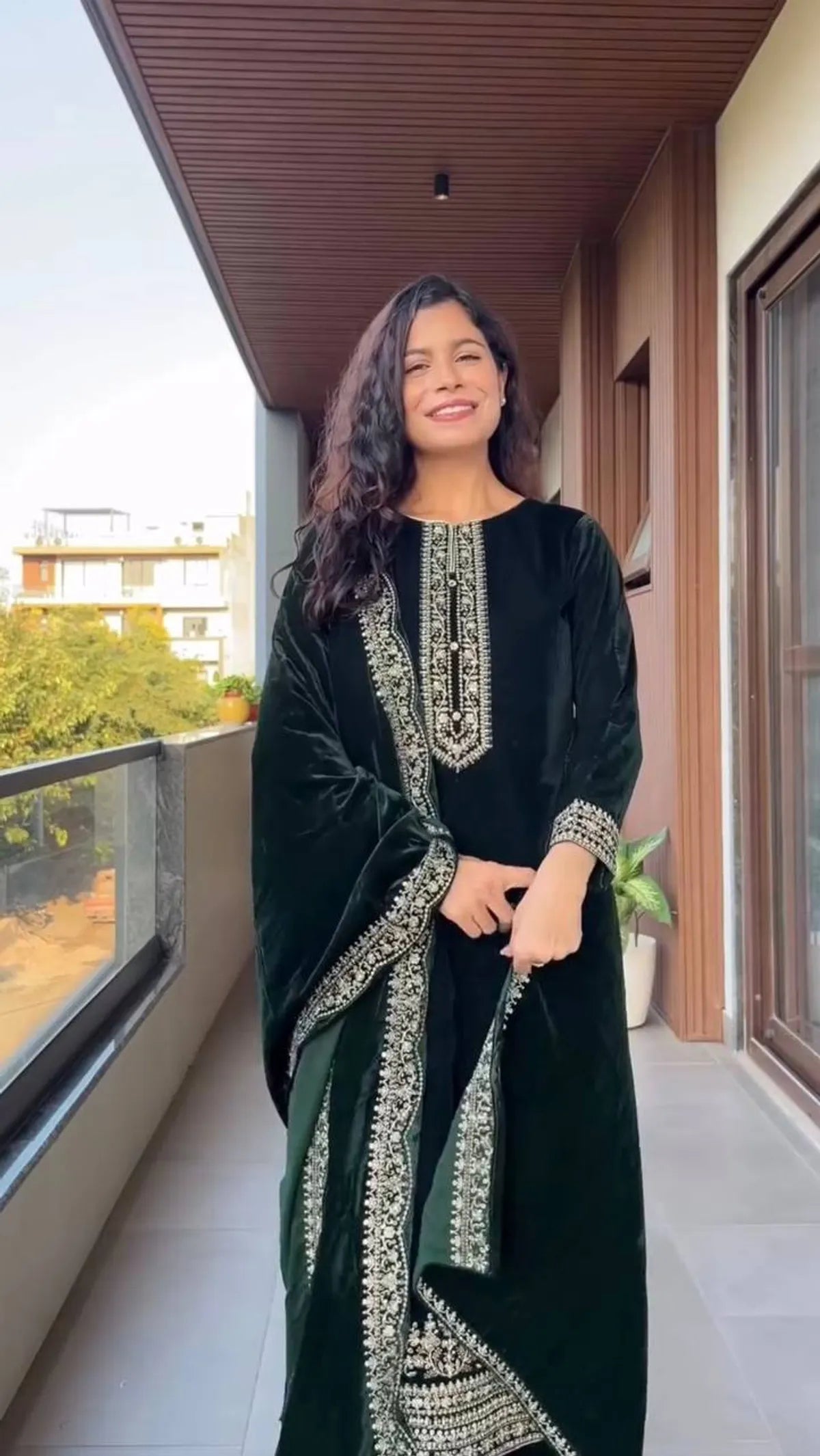 Emerald Green Velvet Embroidered Kurta Set with Dupatta for Women