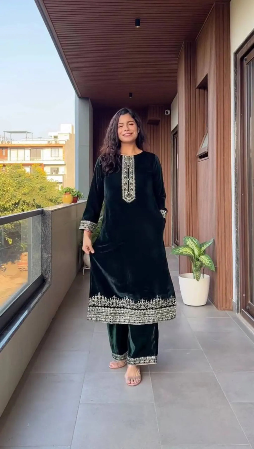 Emerald Green Velvet Embroidered Kurta Set with Dupatta for Women