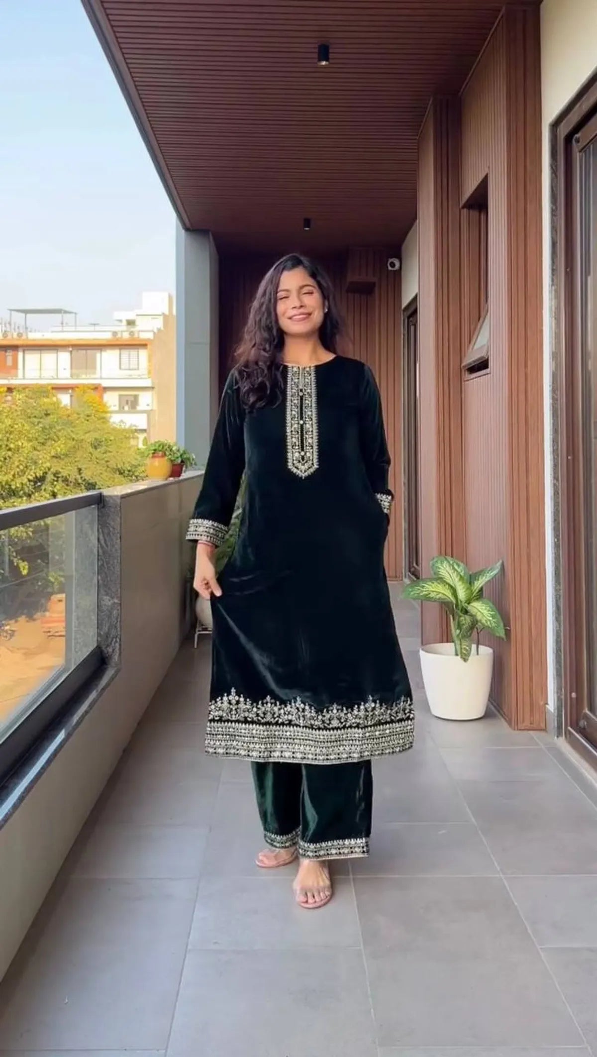 Emerald Green Velvet Embroidered Kurta Set with Dupatta for Women