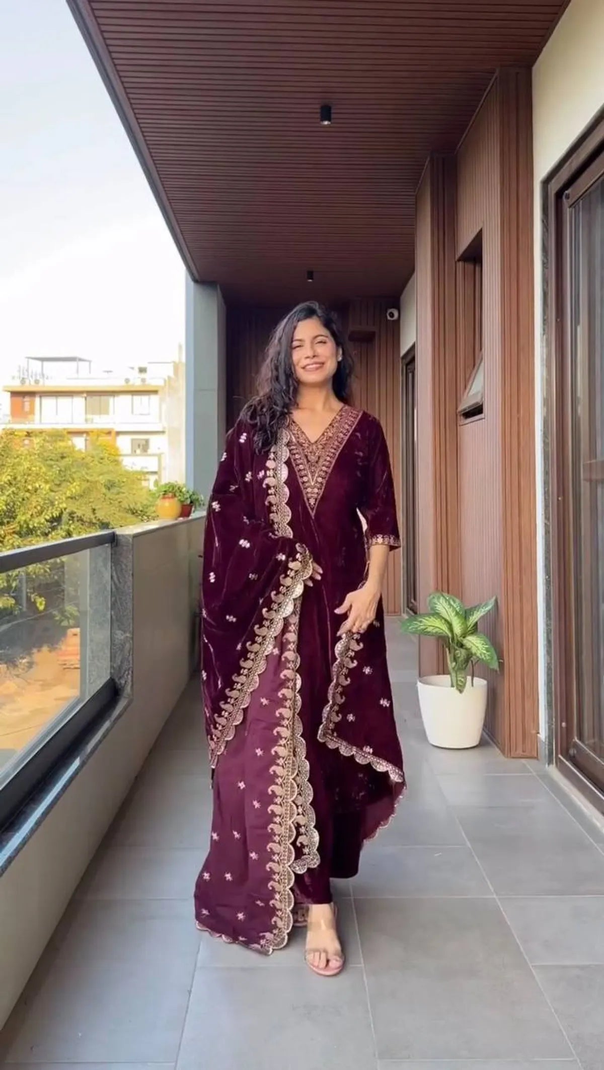 Wine Velvet Embroidered Kurta Set with Dupatta for Women