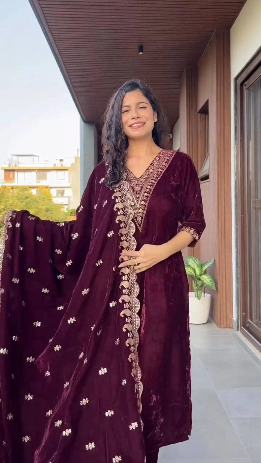 Wine Velvet Embroidered Kurta Set with Dupatta for Women