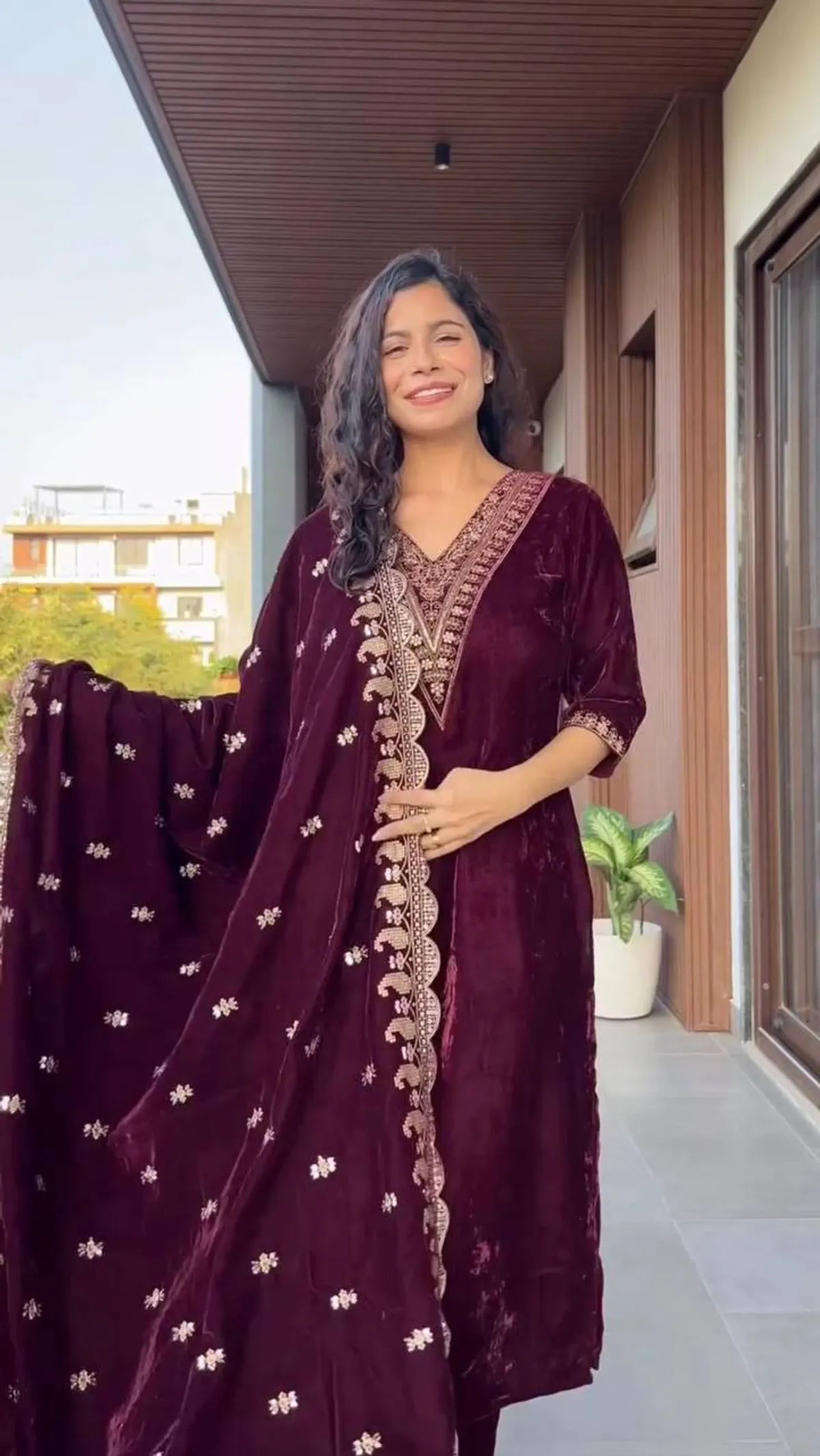 Wine Velvet Embroidered Kurta Set with Dupatta for Women