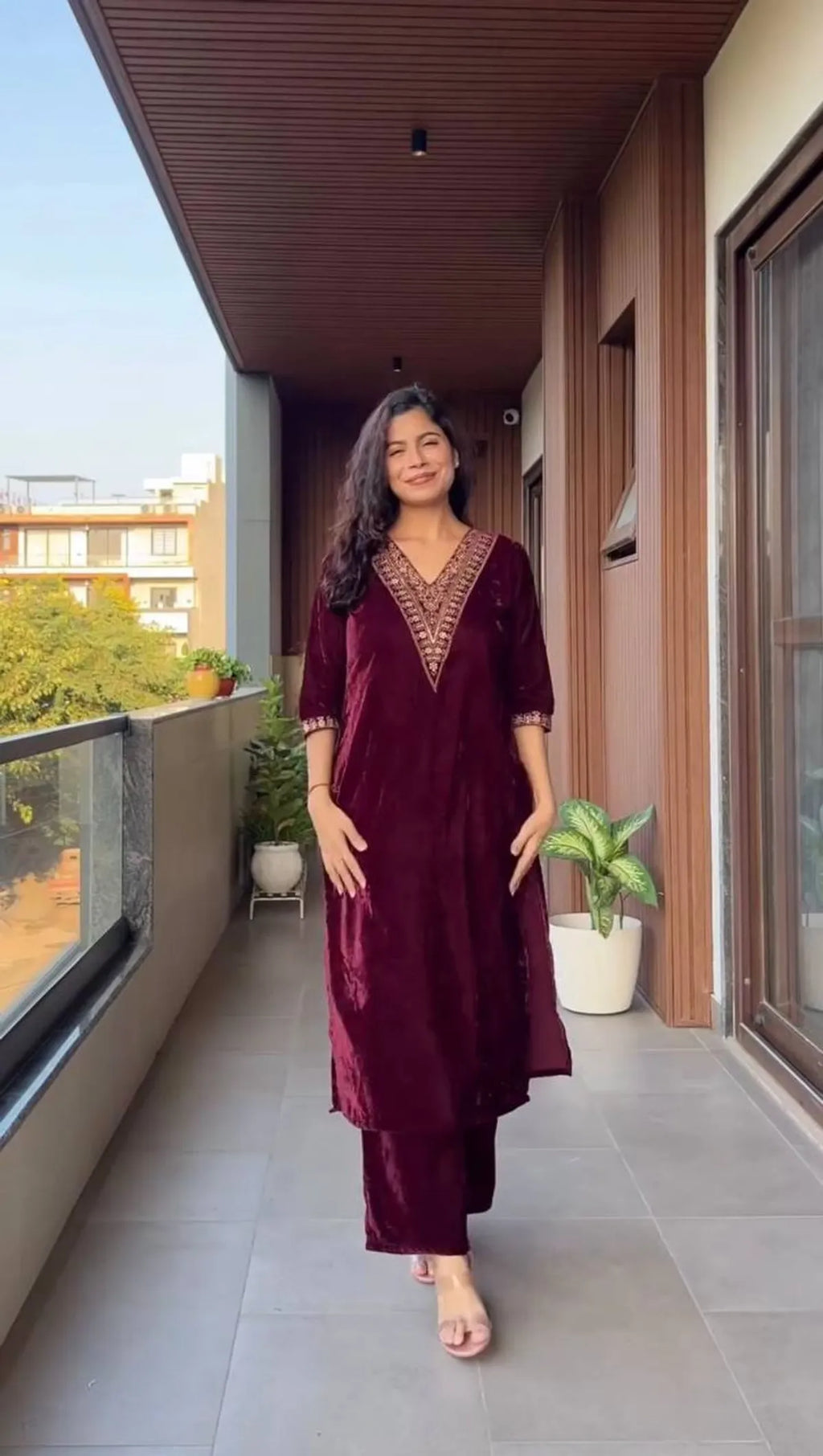 Wine Velvet Embroidered Kurta Set with Dupatta for Women