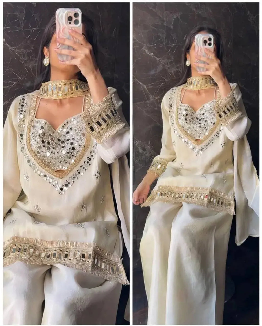 Rust Orange Pakistani Mirror Work Kurti Sharara Set