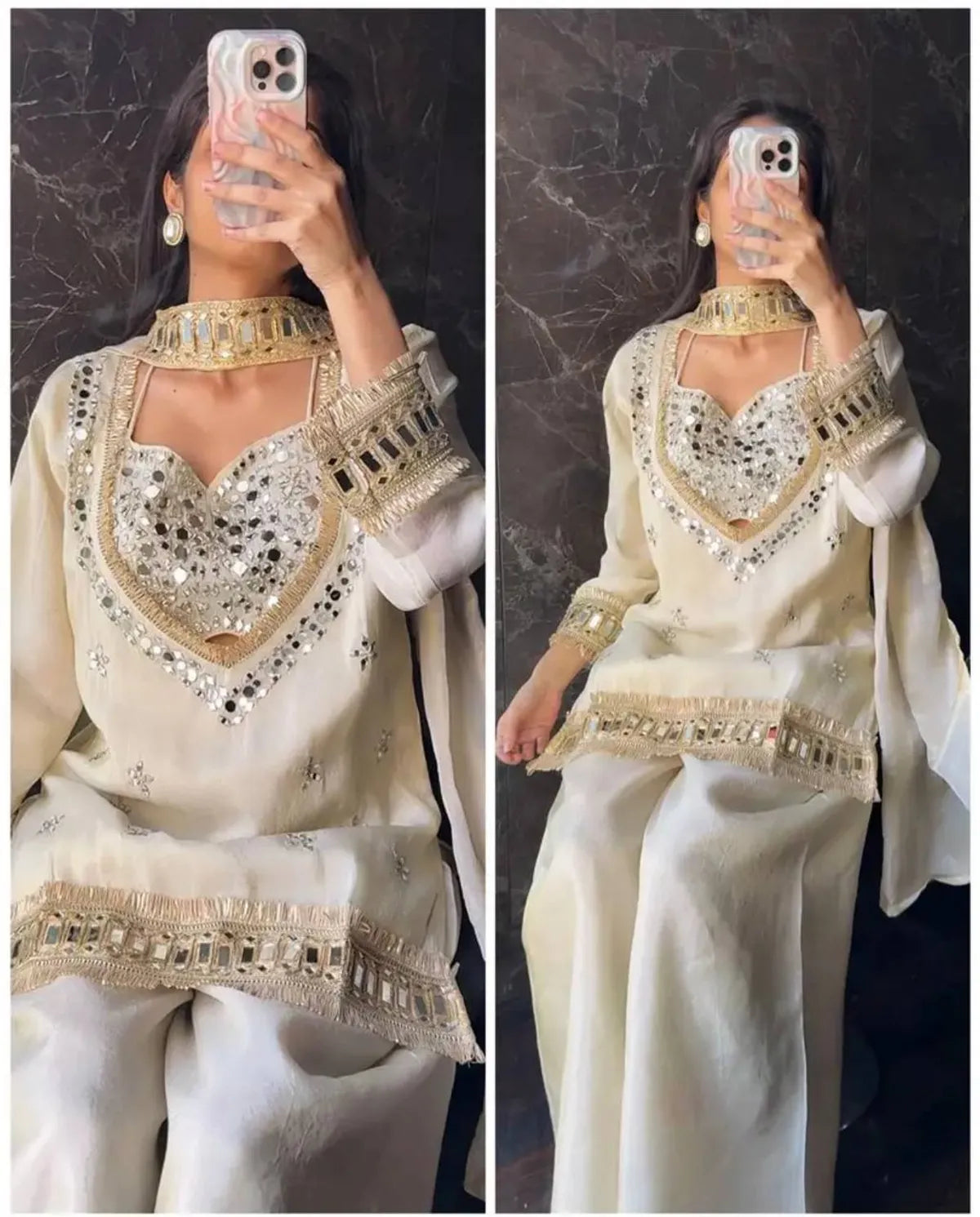 Rust Orange Pakistani Mirror Work Kurti Sharara Set