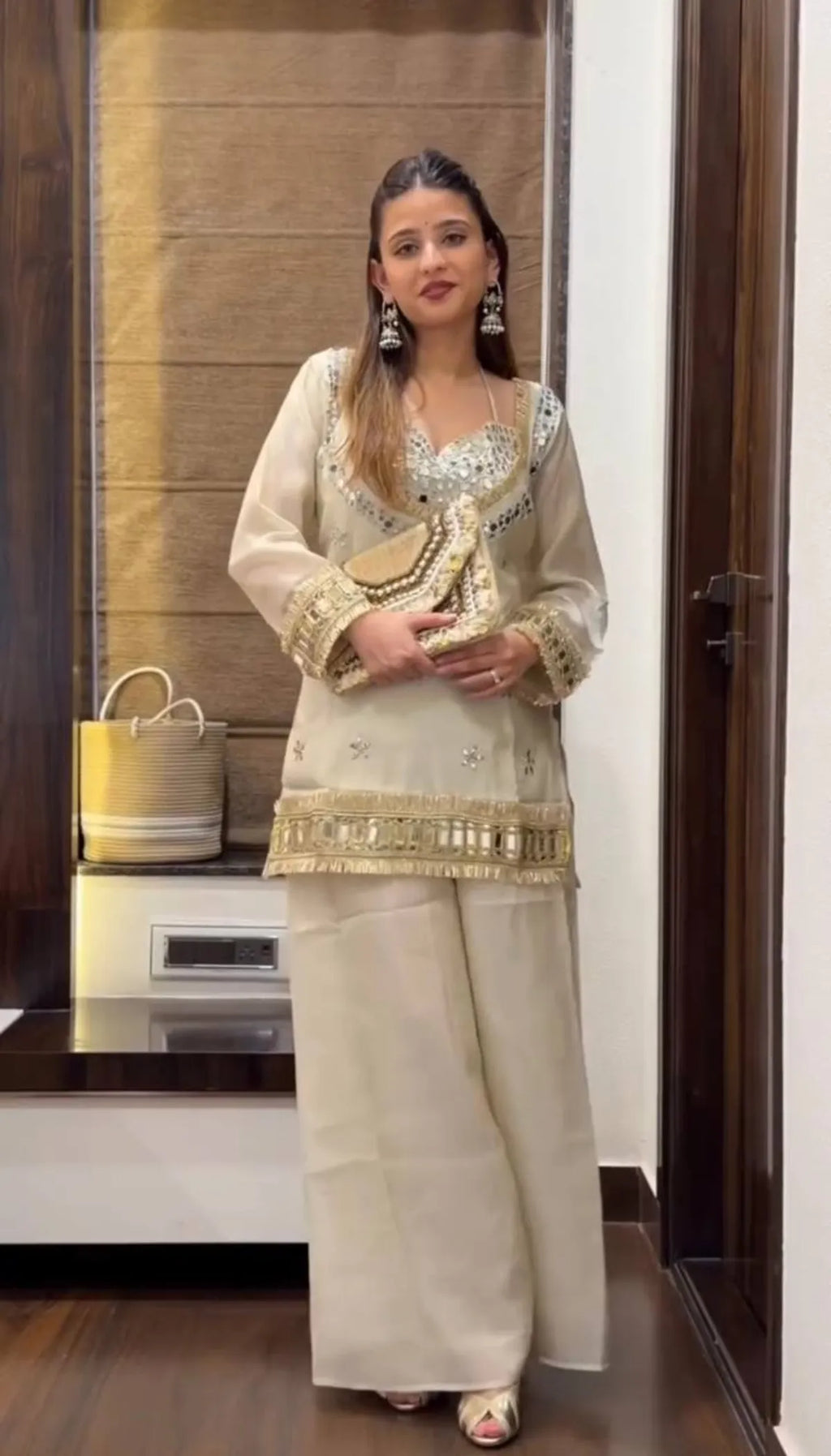 Rust Orange Pakistani Mirror Work Kurti Sharara Set