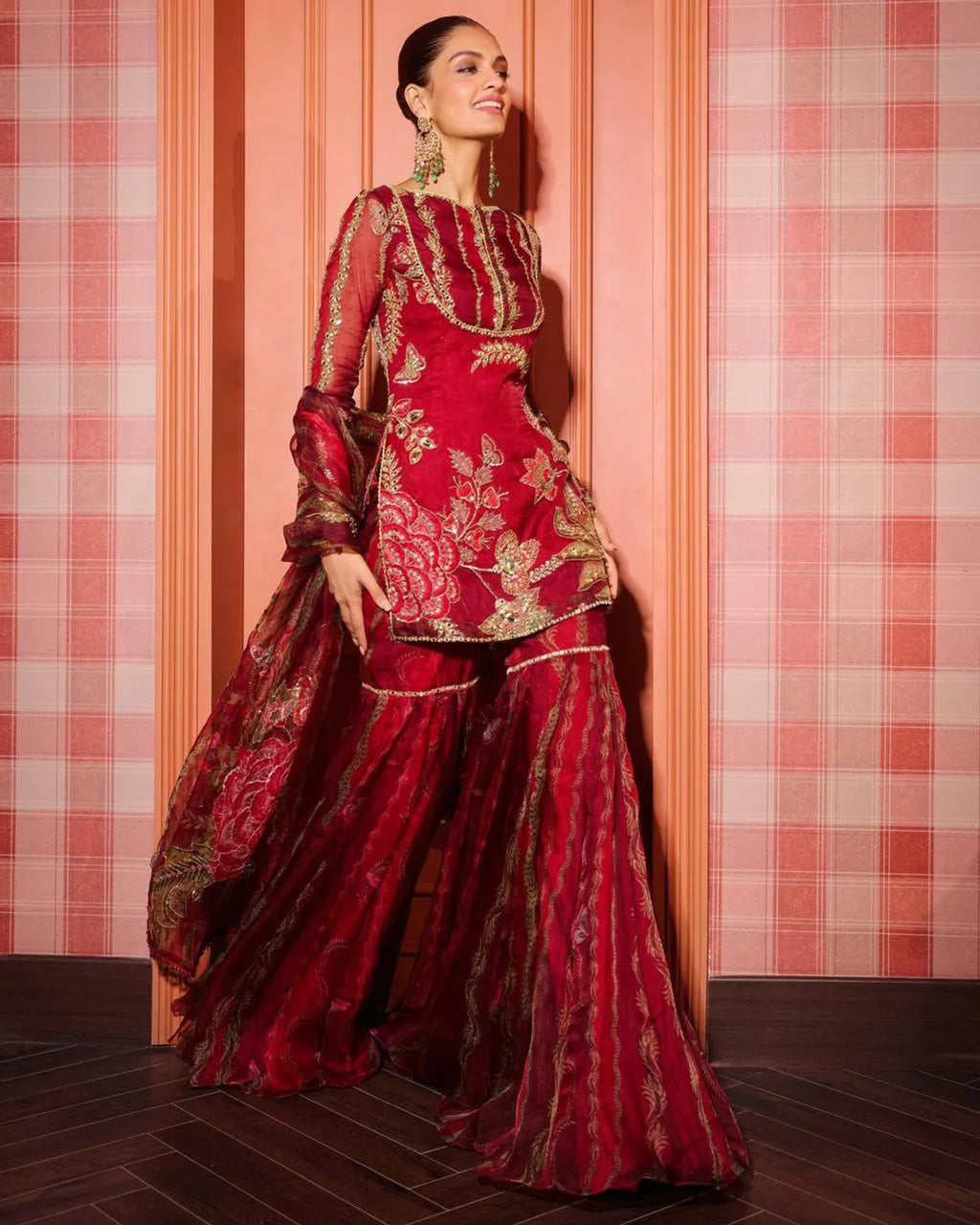Wine Red Organza Embroidered Short Kurti Sharara Set with Dupatta for Women