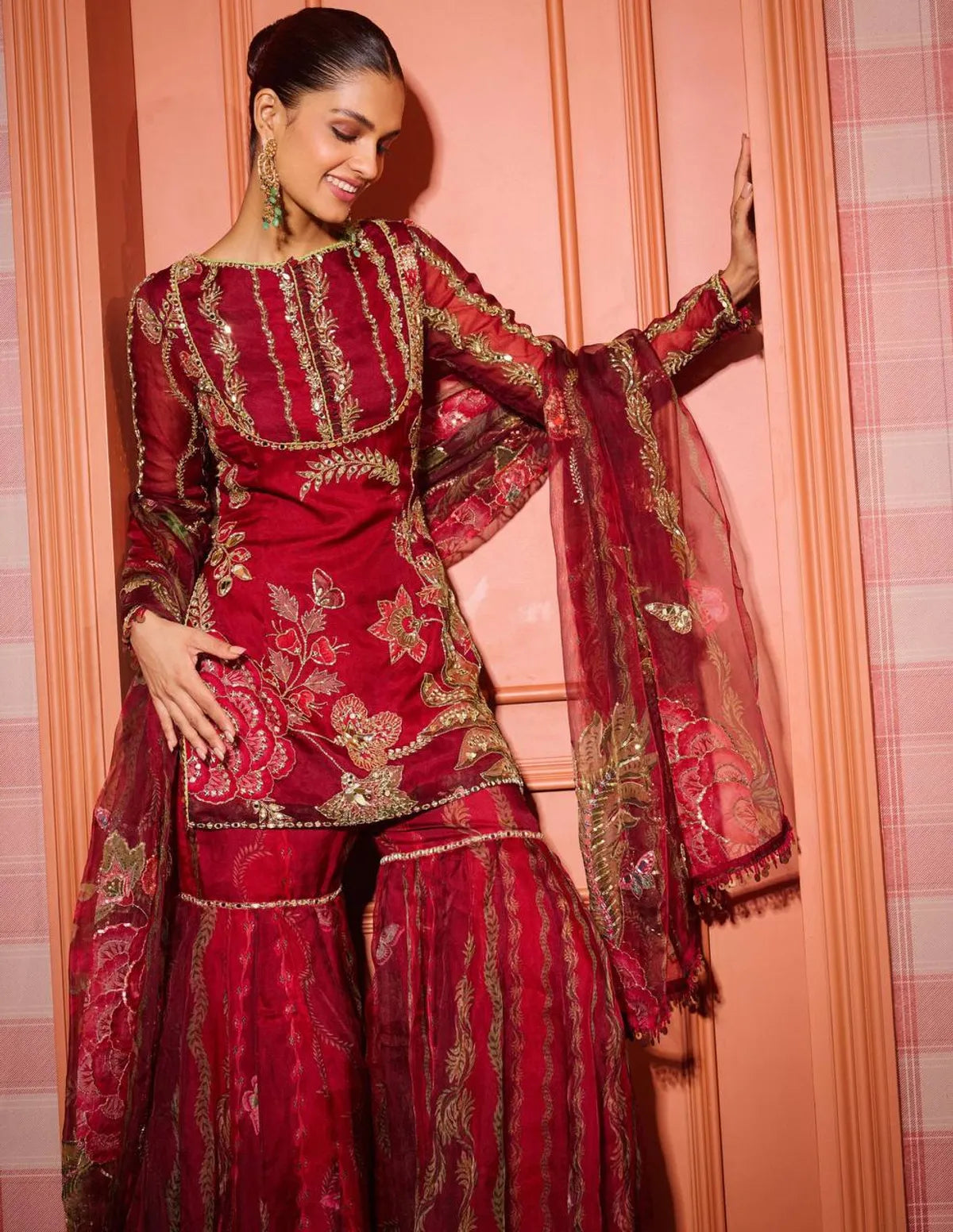 Wine Red Organza Embroidered Short Kurti Sharara Set with Dupatta for Women