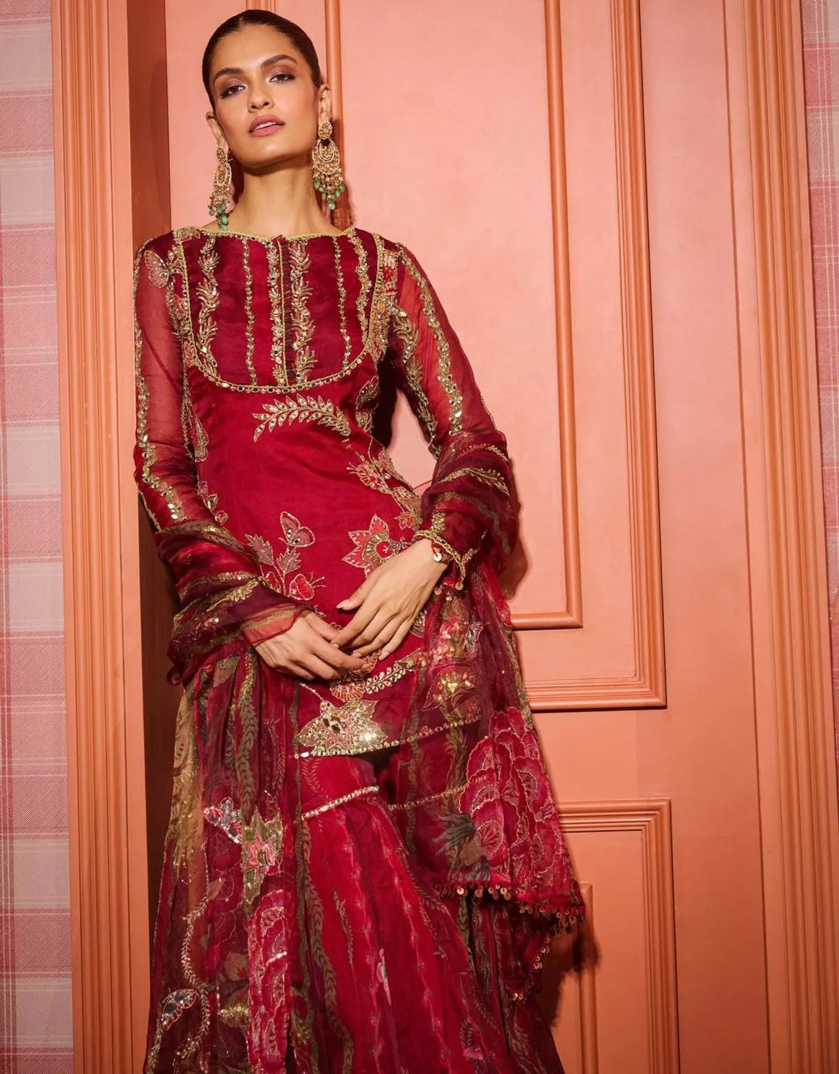 Wine Red Organza Embroidered Short Kurti Sharara Set with Dupatta for Women