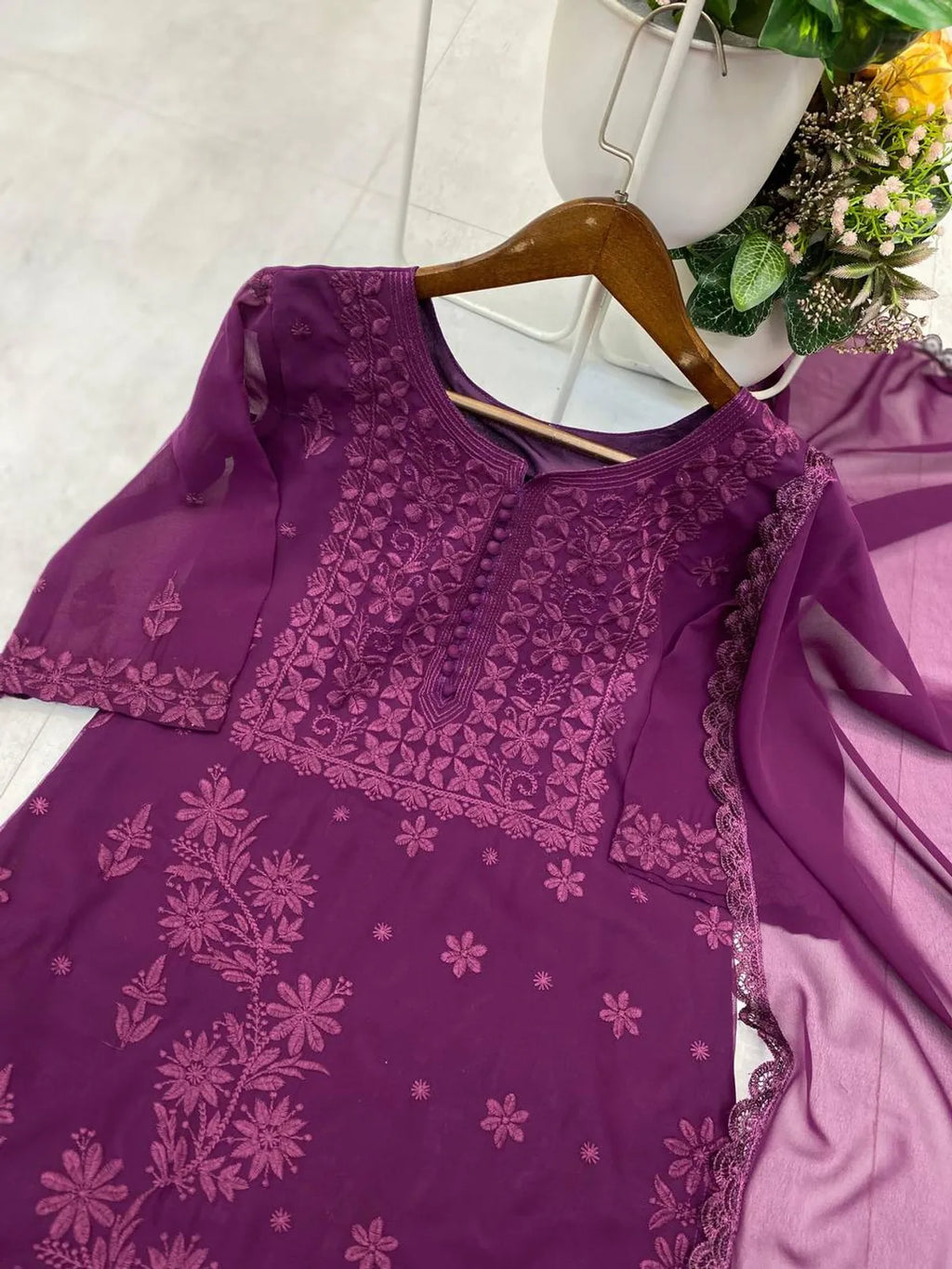 Wine Chikankari Embroidered Kurta Set with Dupatta for Women