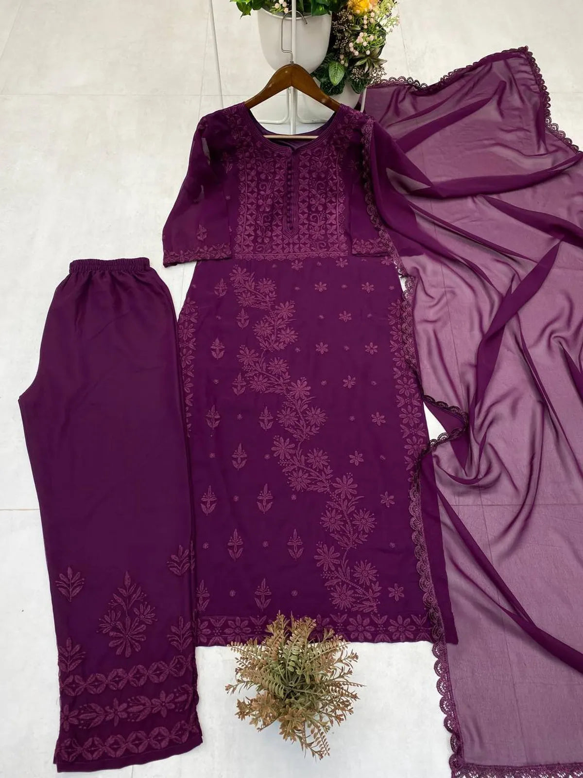 Wine Chikankari Embroidered Kurta Set with Dupatta for Women