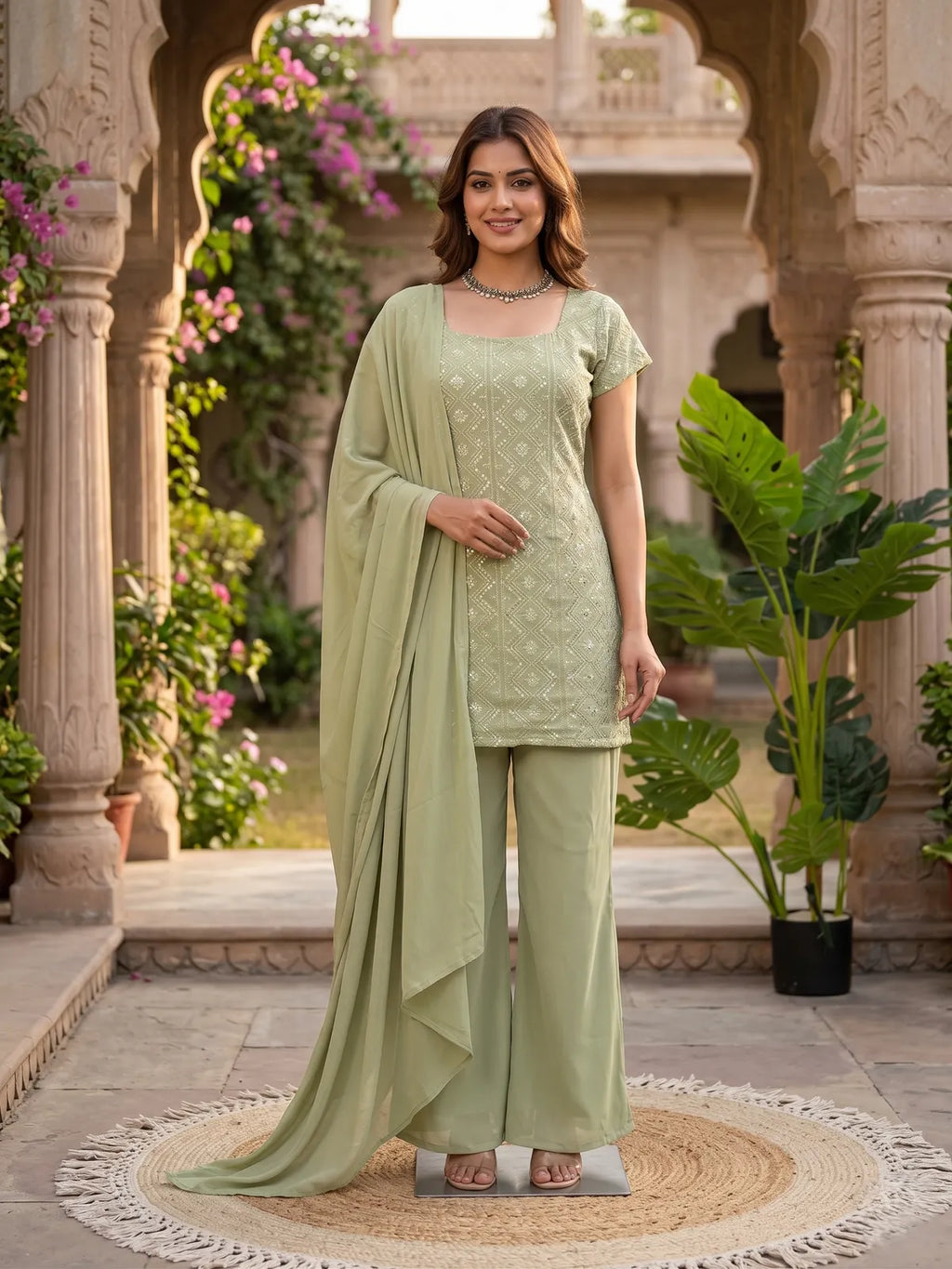 Designer Faux Georgette Boot Cut Suit Set with Dupatta