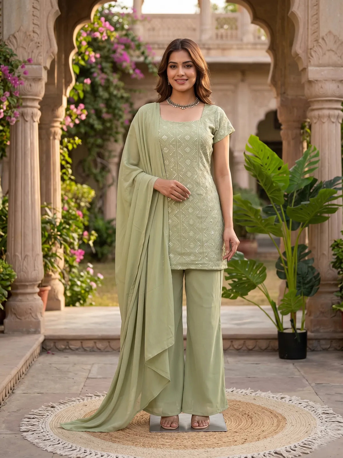 Designer Faux Georgette Boot Cut Suit Set with Dupatta