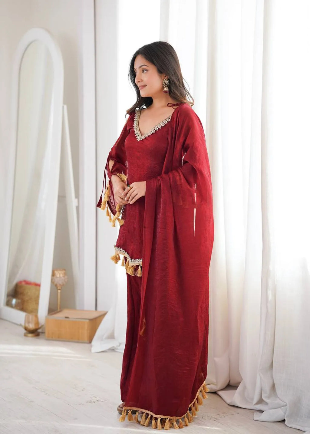 Maroon Zariya Tassel Grace Kurta Palazzo & Dupatta Set