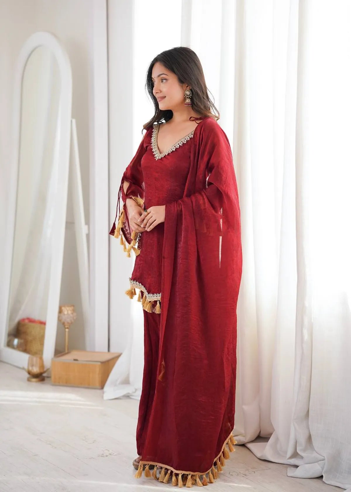 Maroon Zariya Tassel Grace Kurta Palazzo & Dupatta Set