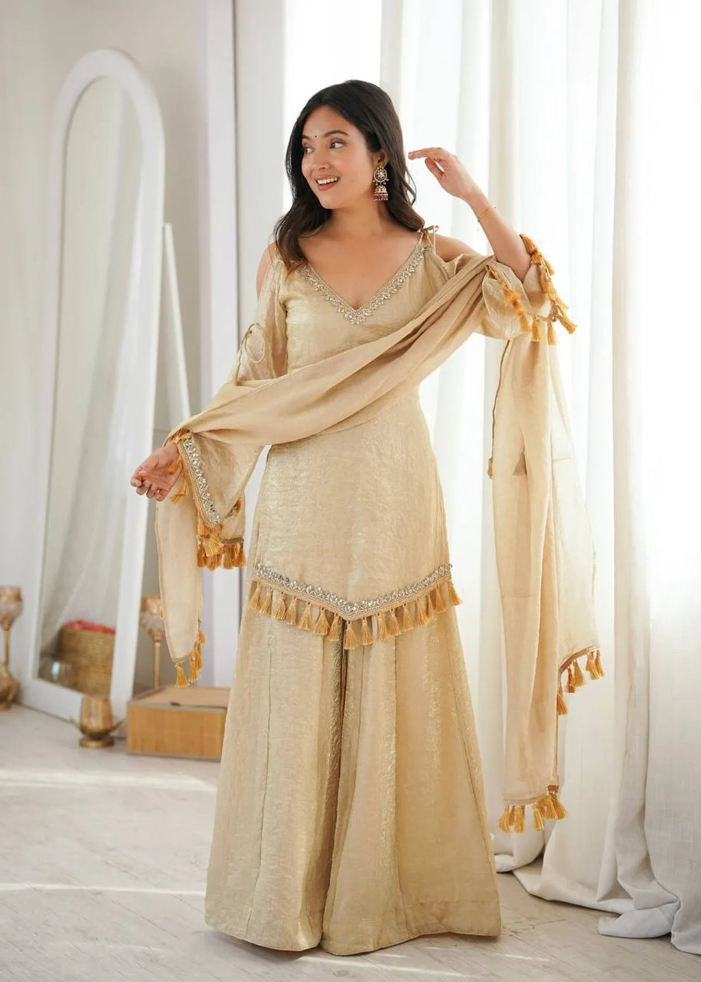 Beige Zariya Tassel Kurta Palazzo & Dupatta Set