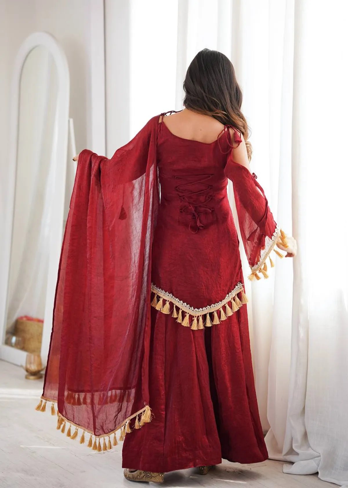 Maroon Zariya Tassel Grace Kurta Palazzo & Dupatta Set