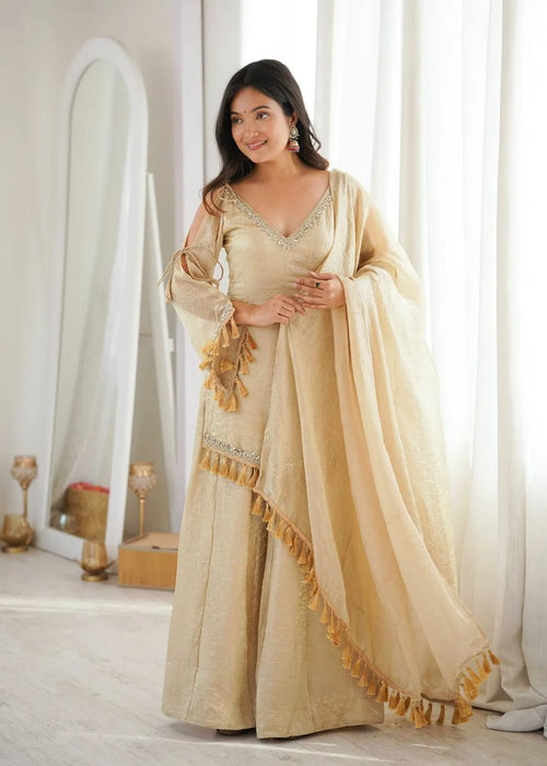 Beige Zariya Tassel Kurta Palazzo & Dupatta Set