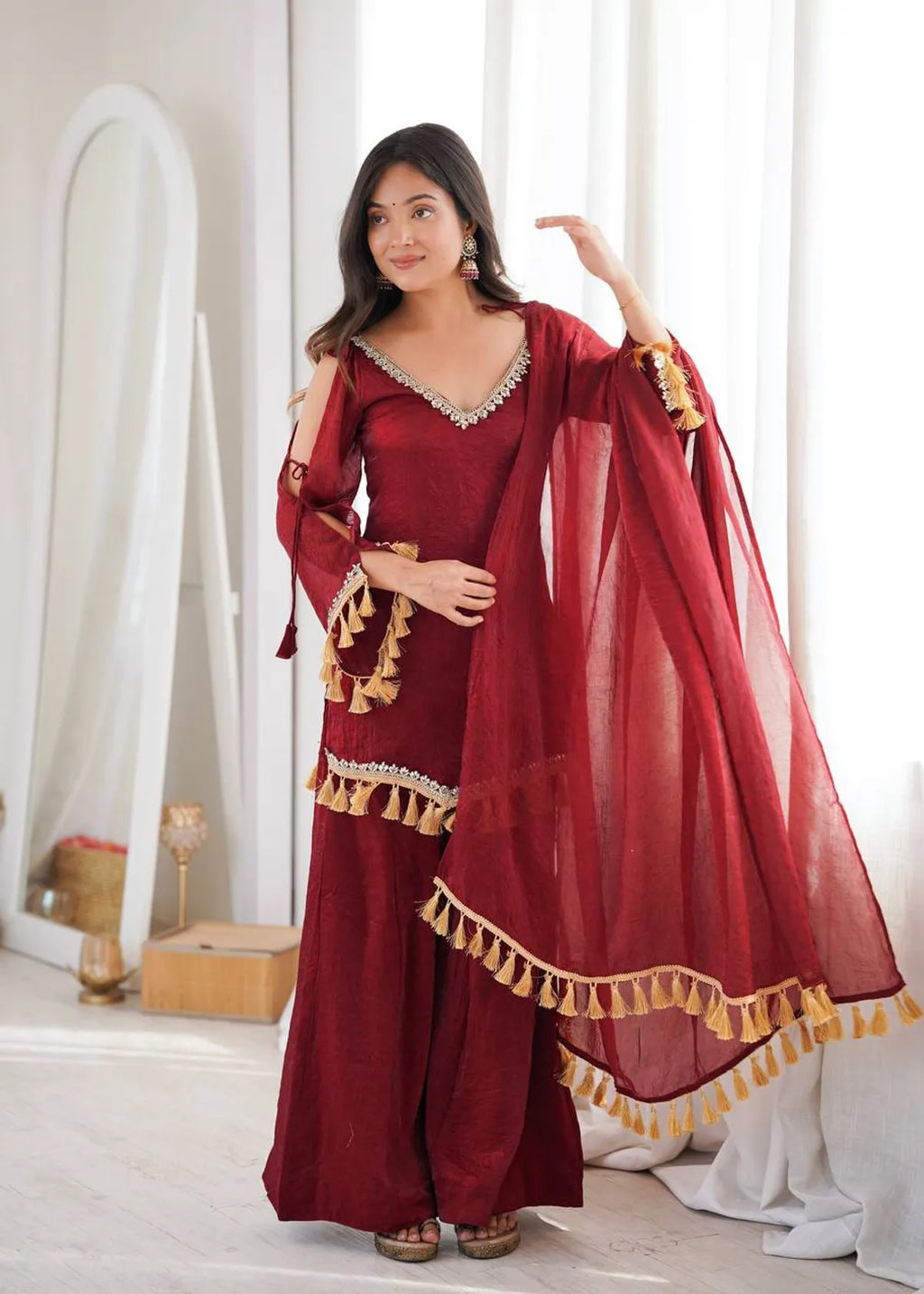 Maroon Zariya Tassel Grace Kurta Palazzo & Dupatta Set