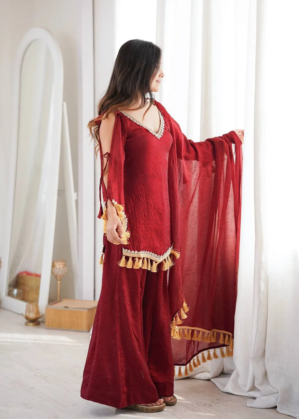 Maroon Zariya Tassel Grace Kurta Palazzo & Dupatta Set