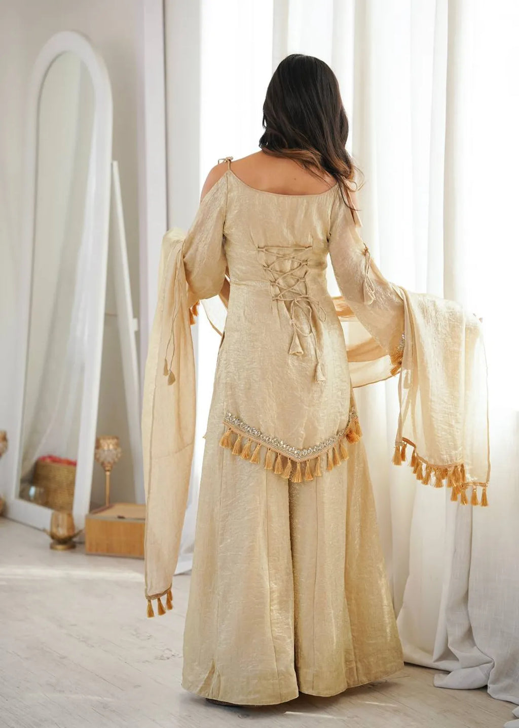 Beige Zariya Tassel Kurta Palazzo & Dupatta Set