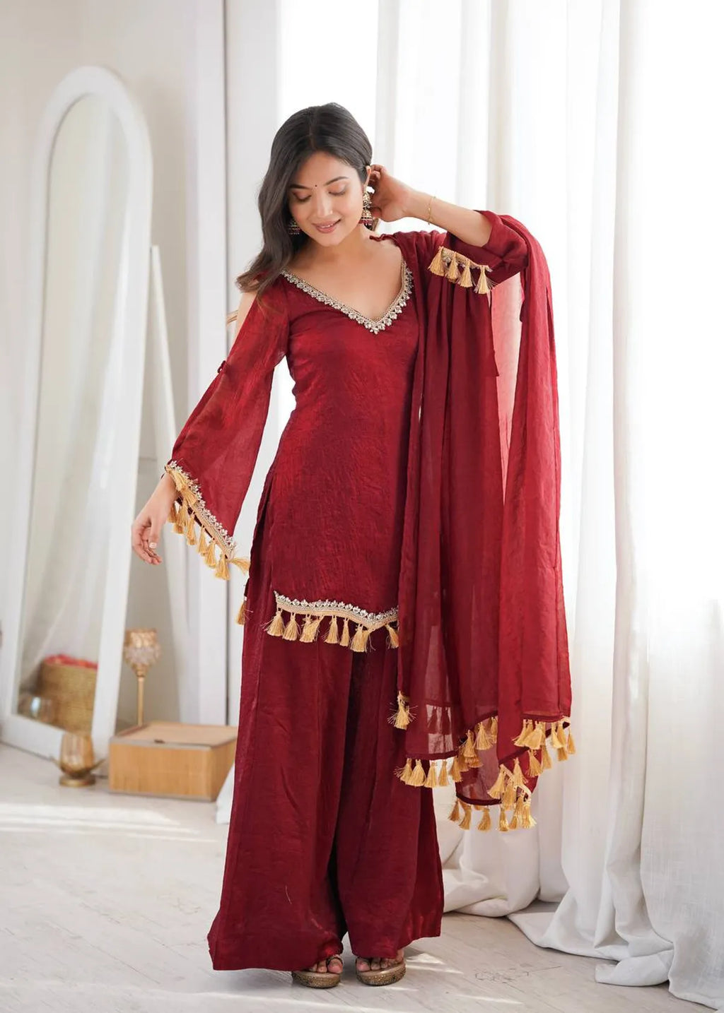 Maroon Zariya Tassel Grace Kurta Palazzo & Dupatta Set