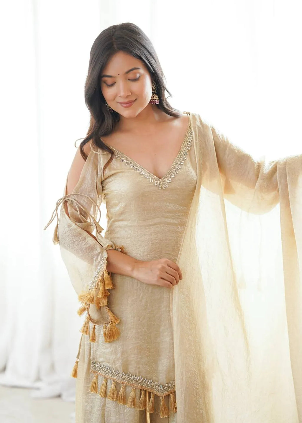 Beige Zariya Tassel Kurta Palazzo & Dupatta Set