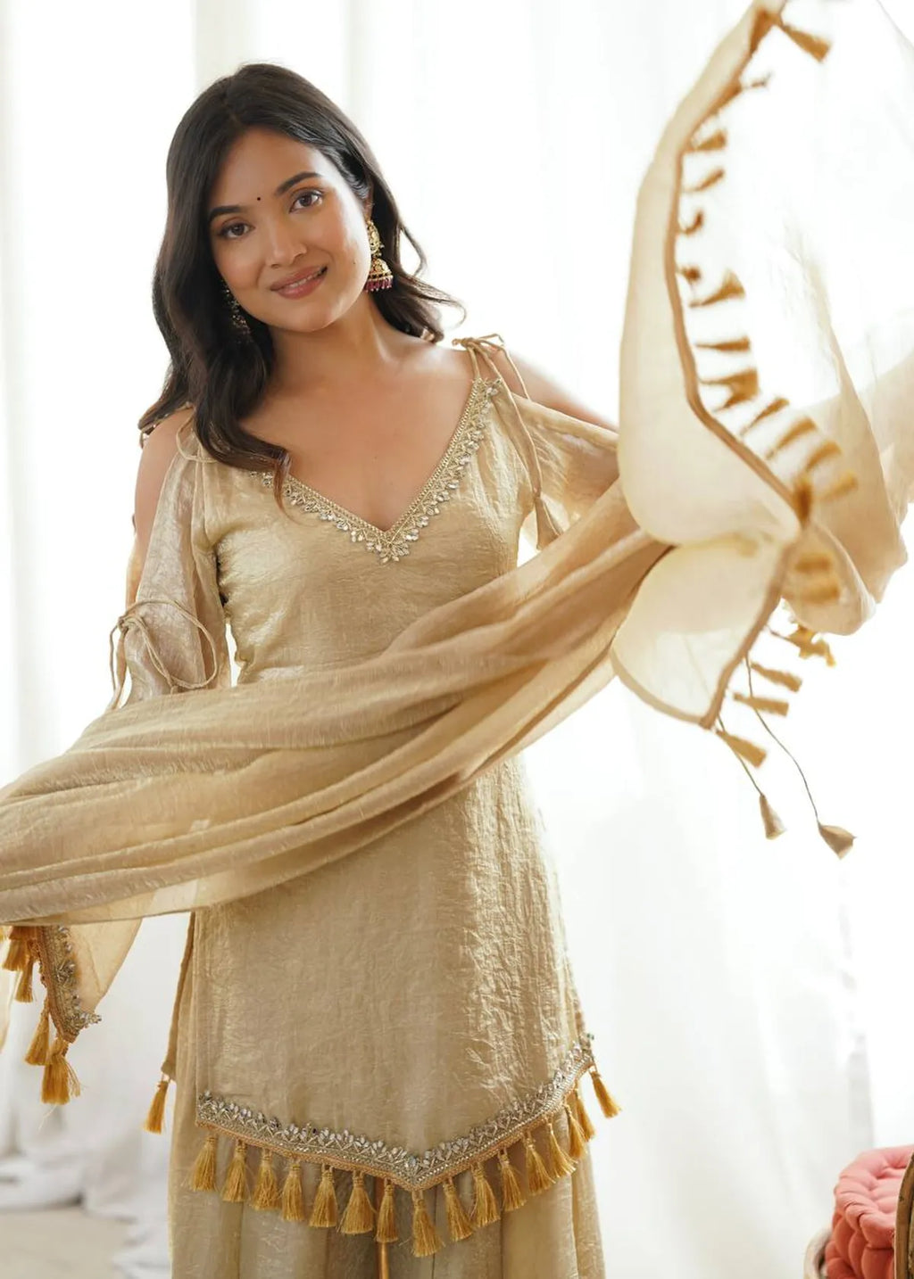 Beige Zariya Tassel Kurta Palazzo & Dupatta Set