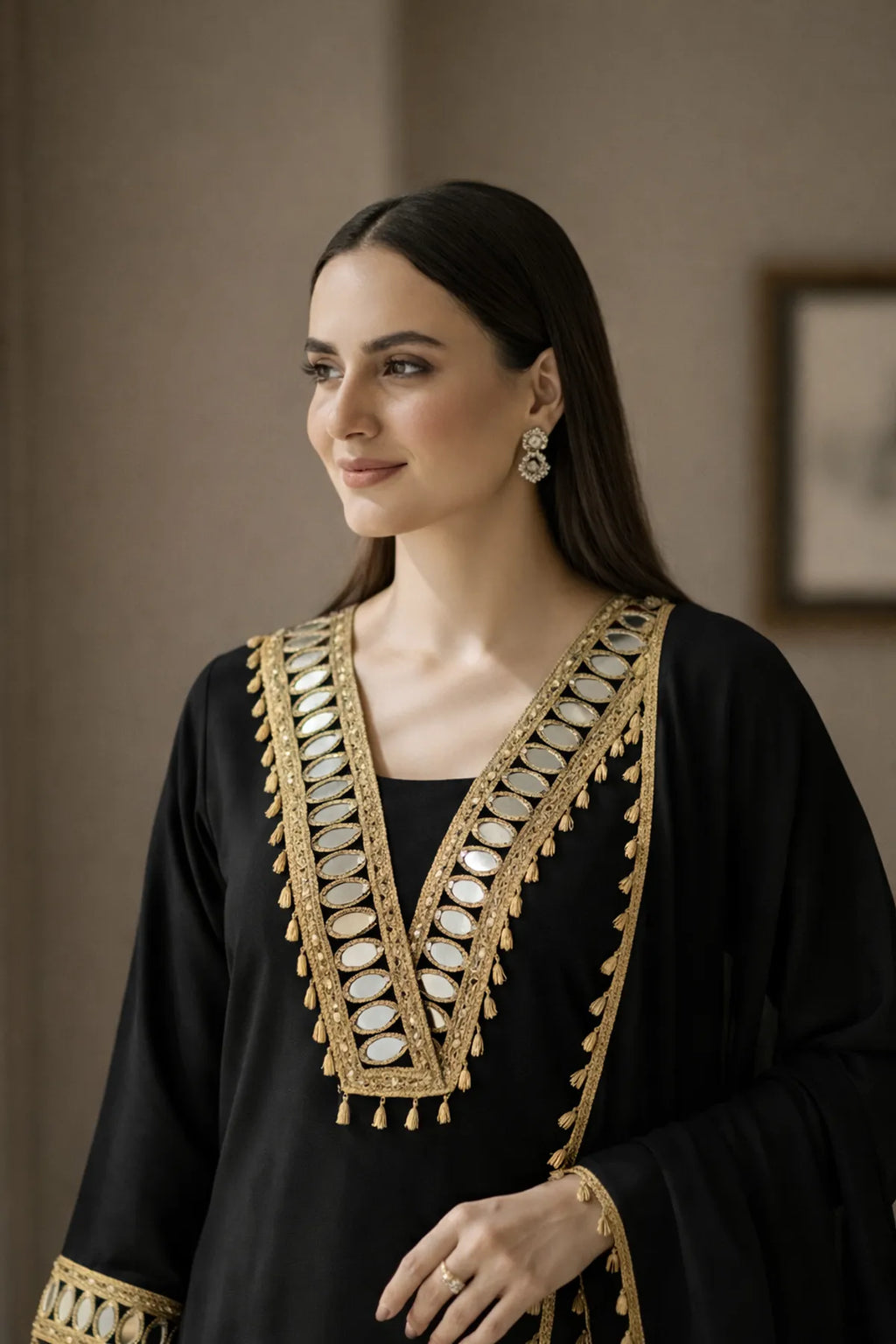 Black Velvet Mirror Work Festive Kurta Pant & Dupatta Set