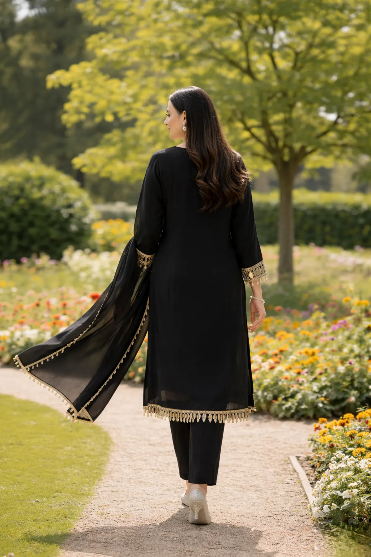 Black Velvet Mirror Work Festive Kurta Pant & Dupatta Set